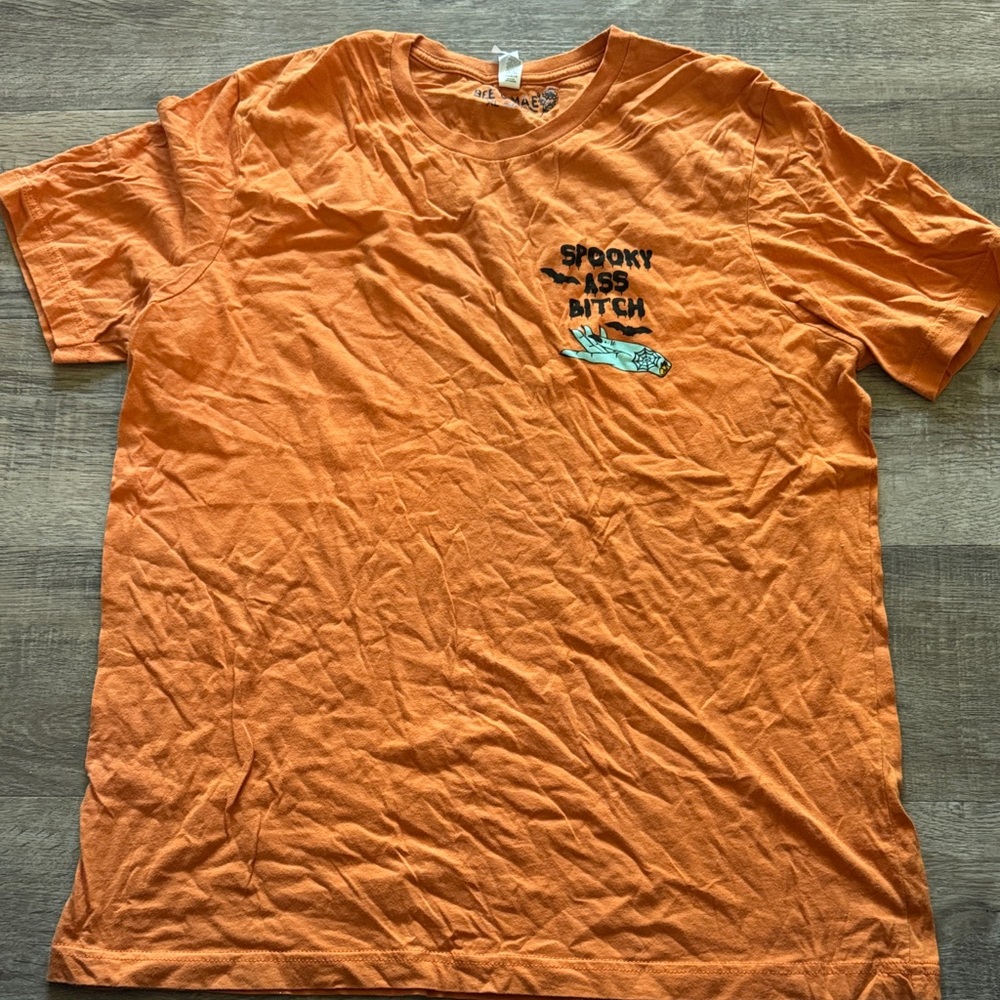 Gildan Orange Short Sleeve Tee with Small Halloween Graphic